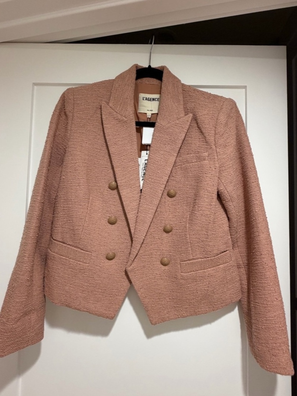 L'AGENCE Brooke Double Breasted Crop Tweed Blazer Pink Sz 4